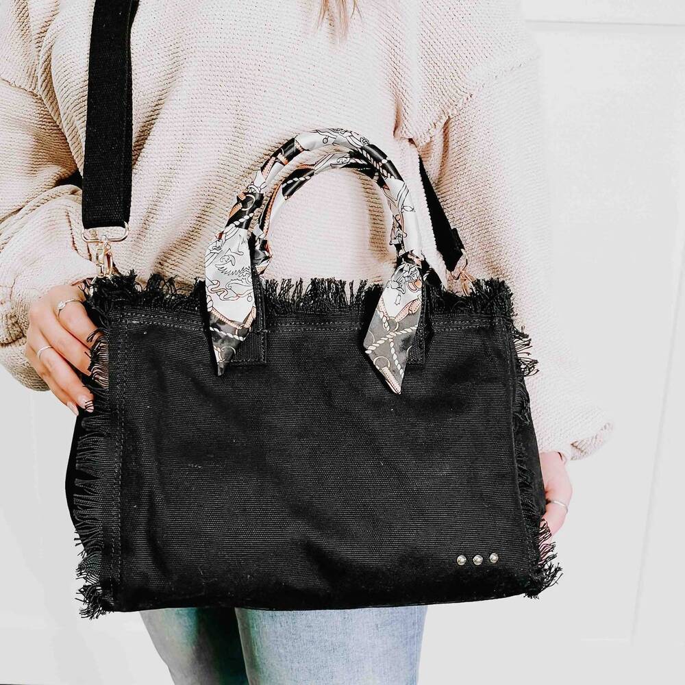 NEW PRETTY SIMPLE women's chloe canvas fringe tote bag in black